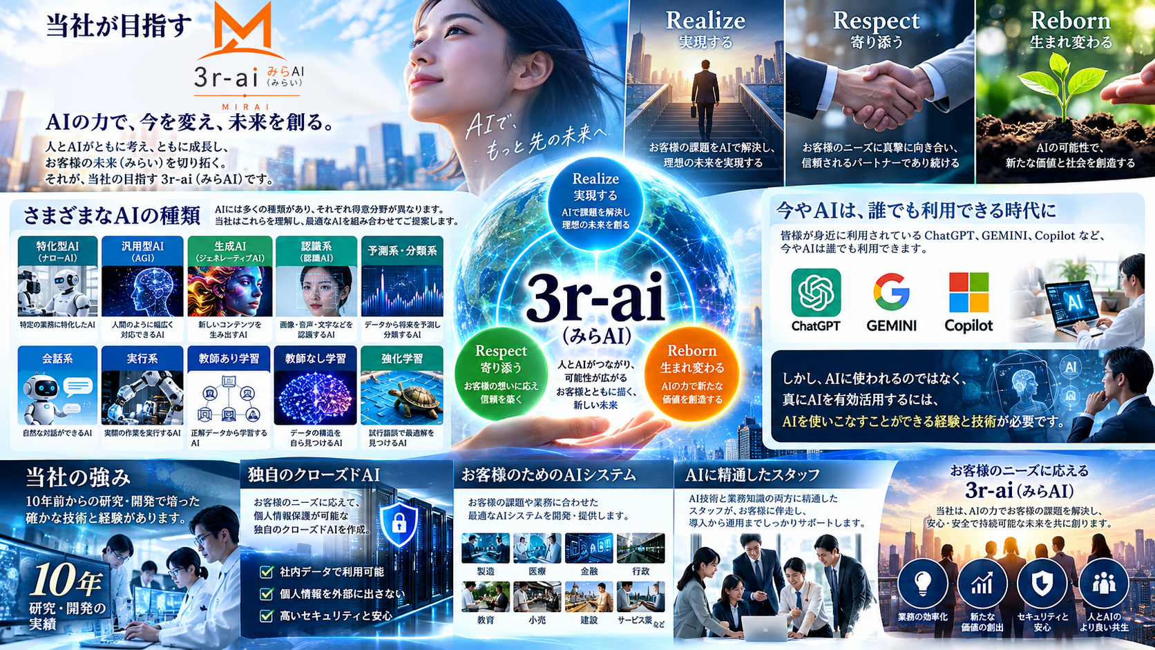 「みらい」とは何か？単一のAIに依存せず、複数AIの特長を活かし、人が選び、専用環境に知見を蓄積する考え方です。
複数AIを使い分け　文章・調査・要約・作画・動画など、目的に応じて適切なAIを活用。人の判断を中心に設計、専門スタッフが選択、AIの回答をそのまま使わず、内容・品質・目的適合性を人が確認。Closed環境へ集約、採用した成果やノウハウを、お客様向けの「みらい」に整理・蓄積。