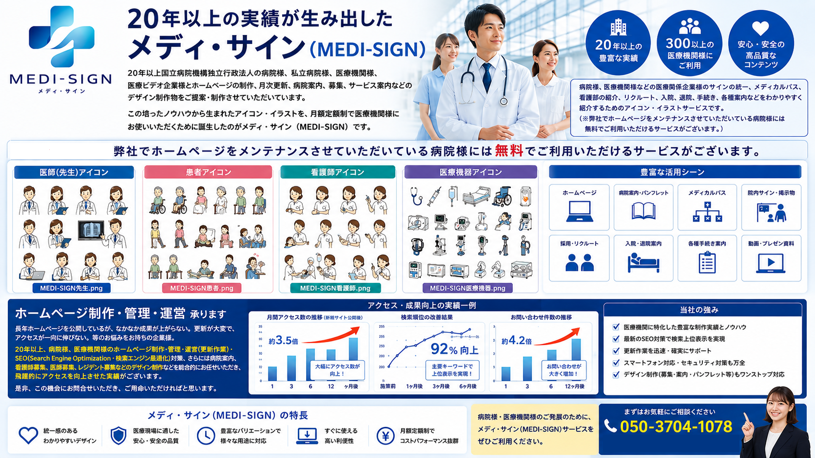 実績が生み出したメディ・サイン（MEDI-SIGN）
　２０年以上国立行院機構独立行政法人の病院様、私立病院様、医療機関様、医療機関様、医療ビデオ企業様とホームページの制作、ホームページの月次更新、病院案内、看護師募集、医師募集、レジデント募集、サービス案内などのデザイン制作物をご提案、制作させていただいている実績がございます。
この培ったノウハウから生まれたアイコン・イラストを、月額定額制で病院様、医療機関にお使いいただくために誕生したのがメディ・サイン（MEDI-SIGN）です。
病院様、医療機関様などの医療関係企業様のサインの統一、メディカルパス、看護部の紹介、リクルート、入院、退院、手続き、各をわかりやすく紹介するため、などなど、
是非、病院様、医療機関様のご発展のため、（※弊社でホームページをメンテナンスさせていただいている病院様には無料でご利用いただけるサービスがございます。）このメディ・サイン（MEDI-SIGN）（MEDI-SIGN）サービスをご利用いただければと存じます。：ホームページ制作・管理・運営承ります。
長年ホームページを公開しているが、なかなか成果が上がらない。更新が大変で、アクセスが一向に伸びない。等のお悩みをおもちの企業様。20年以上、病院様、医療機関様のホームページ制作・管理・運営(更新作業)・SEO（Search Engine Optimization ‐ 検索エンジン最適化）対策、さらには病院案内、看護師募集、医師募集、レジデント募集などのデザイン制作などを総合的にお任せいただき、飛躍的にアクセスを向上させた実績がございます。
是非、この機会にお問合せいただき、ご用命いただければと思います。
