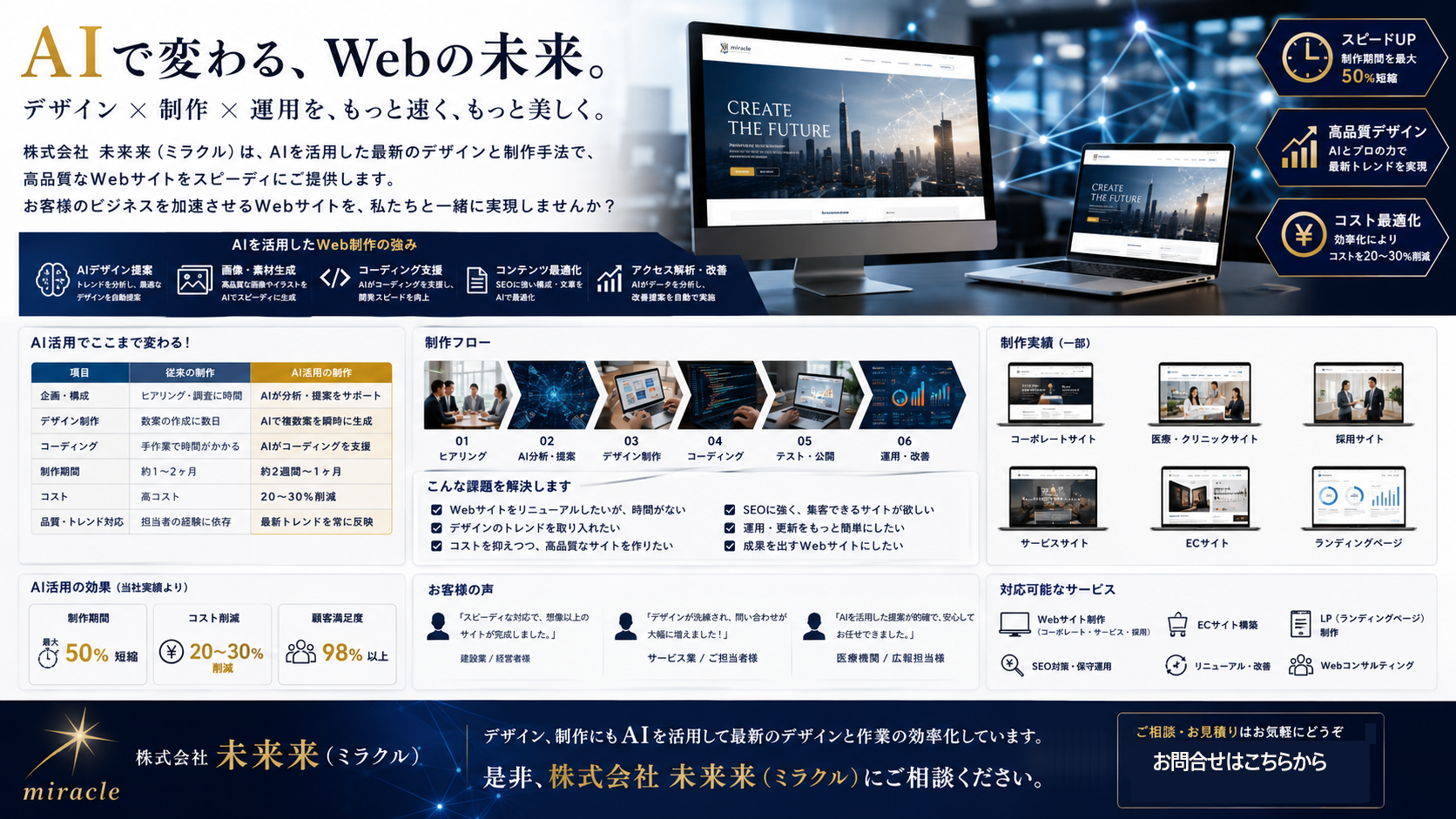 AIで変わる、Webの未来。
デザイン × 制作 × 運用を、もっと速く、もっと美しく。
株式会社 未来来（ミラクル）は、AIを活用した最新のデザインと制作手法で、高品質なWebサイトをスピーディにご提供します。
お客様のビジネスを加速させるWebサイトを、私たちと一緒に実現しませんか？
AIを活用したWeb制作の強み
項目	内容
AIデザイン提案	トレンドを分析し、最適なデザイン企画を提案
画像・素材生成	高品質な画像やイラストをAIでスピーディに生成
コーディング支援	AIによるコーディング支援で開発スピードを向上
コンテンツ最適化	SEOに強い構成・文章をAIで最適化
アクセス解析・改善	AIがデータを分析し、改善提案を自動で実施
AI活用でここまで変わる！
項目	従来の制作	AI活用の制作
企画・構成	ヒアリング・調査に時間	AIが分析・提案をサポート
デザイン制作	数案の作成に数日	AIで複数案を瞬時に生成
コーディング	手作業で時間がかかる	AIがコーディングを支援
制作期間	約1～2ヶ月	約2週間～1ヶ月
コスト	高コスト	20～30％削減
品質・トレンド対応	担当者の経験に依存	最新トレンドを常に反映
制作フロー
01 ヒアリング　→　02 AI分析・提案　→　03 デザイン制作　→　04 コーディング　→　05 テスト・公開　→　06 運用・改善
こんな課題を解決します
•	Webサイトをリニューアルしたいが、時間がない
•	デザインのトレンドを取り入れたい
•	コストを抑えつつ、高品質なサイトを作りたい
•	SEOに強く、集客できるサイトが欲しい
•	運用・更新をもっと簡単にしたい
•	成果を出すWebサイトにしたい
制作実績・対応サイト例
コーポレートサイト／医療・クリニックサイト／採用サイト／サービスサイト／ECサイト／ランディングページ
AI活用の効果（当社実績より）
指標	効果
制作期間	最大50％短縮
コスト削減	20～30％削減
顧客満足度	98％以上
お客様の声
「スピーディな対応で、想像以上のサイトが完成しました。」（建設業／経営者様）
「デザインが洗練され、問い合わせが大幅に増えました！」（サービス業／ご担当者様）
「AIを活用した提案が的確で、安心してお任せできました。」（医療機関／広報担当様）
対応可能なサービス
Webサイト制作（コーポレート・サービス・採用）／ECサイト構築／LP（ランディングページ）制作／SEO対策・保守運用／リニューアル・改善／Webコンサルティング
デザイン、制作にもAIを活用して最新のデザインと作業の効率化を進めています。
是非、株式会社 未来来（ミラクル）にご相談ください。
電話番号「050-3704-1078」、メールアドレス「info@mirac90.jp」
